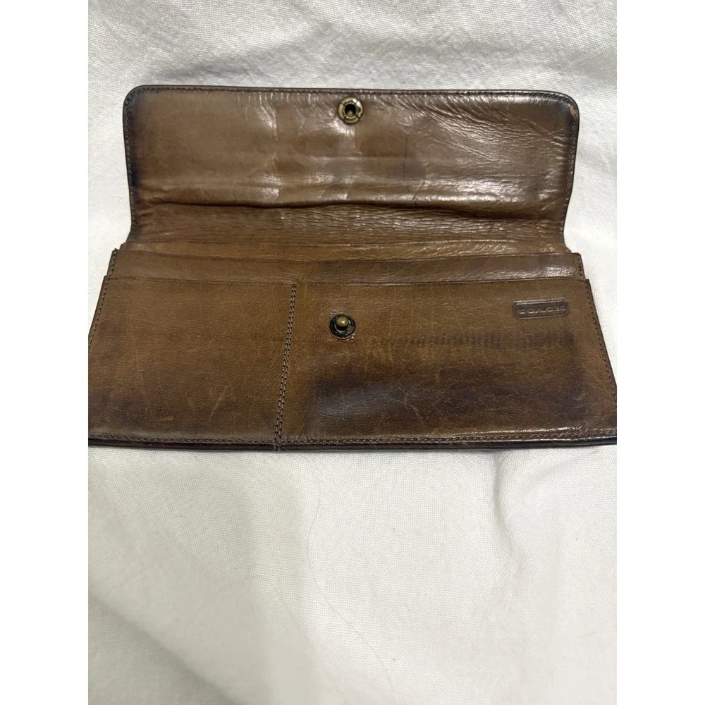 Vintage Coach Brown Leather Envelope Wallet Gold Snap Card Holder